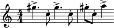  \relative c''' {
    \set Score.tempoHideNote = ##t
    \numericTimeSignature
    \tempo 4 = 126
    \set Staff.midiInstrument = #"alto sax"
    gis4.-> c,8-. gis'4.-> c,8-. gis'-. c,-. a'4->
 }
