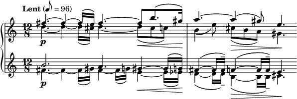 
{  \new PianoStaff <<
    \new Staff \relative c'' { \clef treble \time 12/8 \key c \major \tempo "Lent" 8 = 96 << { fis4.~\p fis4~ fis16( e) fis4.~ fis8\< b8.( gis16\!) | a4.~ a4(\> gis8) e4.\! } \\ { d4.~ d4~ d16( cis) d4.~ d8( cis c) | b4( e8) cis( b a) gis4. } >> }
    \new Staff \relative c'' { \clef treble \time 12/8 \key c \major << { b2.\p a4. gis4~\< gis16( g\!) | fis4~( fis16 fis--) f4~(\> f16 f--) e4.\! } \\ { fis4.~ fis4~ fis16( gis) fis4~ fis16( g) e4~ e16( ees) | d4~( d16 d--) b4~( b16 b--) cis4. } >> } >> }
