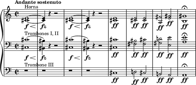 {\new PianoStaff {<<
\new Staff \relative c'{\set Staff.midiInstrument=#"french horn" \time 2/2 \set Score.tempoHideNote = ##t \tempo "Andante sostenuto" 4=100 \autoBeamOff \transposition f \clef treble \key a \minor ^\markup {Horns} |<e cis>1~ \f \<|<e cis>4 \fz r4 r2|<e cis>1~ \f \<|<e cis>4 \fz r4 r2|<e cis>1 \ff| <e cis>2 \ff <e cis>2 \ff|<fis a,>2 \ff <gis e>2 \ff|\fermata <gis b,>1 \ff|}
\new Staff \relative c' {\set Staff.midiInstrument=#"trombone" \time 2/2 \set Score.tempoHideNote = ##t \tempo "Andante sostenuto" 4=100 \autoBeamOff \clef bass \key a \minor ^\markup {Trombones I, II}
\new Voice <<
\relative {|cis'1 \f \< (|bis4) \fz r4 r2|cis1 \f \< (|bis4) \fz r4 r2|cis1 \ff|bis2 \ff cis2 \ff|d!2 \ff e2 \ff|\fermata e1 \ff|}
\relative {|cis1 \f \< |bis4 \fz r4 r2|cis1 \f \< |bis4 \fz r4 r2|cis1 \ff|fis2 \ff fis2 \ff|gis2 \ff e2 \ff|\fermata a1 \ff|} >>}
\new Staff \relative c{\set Staff.midiInstrument=#"trombone" \time 2/2 \set Score.tempoHideNote = ##t \tempo "Andante sostenuto" 4=100 \autoBeamOff \clef bass \key a \minor ^\markup {Trombone III} |r1|r1|r1|r1|cis1 \ff|d!2 \ff cis2 \ff|b!2 \ff a2 \ff|\fermata a1 \ff|}>>}}