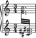 \new PianoStaff <<
\new Staff = "up" \relative c'' {
\time 3/4
s2.
}
\new Staff = "down" \relative c' {
\time 3/4
\voiceOne
\repeat tremolo 12 {
{
\change Staff = "up"
\voiceTwo
<e g c>32
}
{
\change Staff = "down"
\voiceOne
<cis fis ais>32
}
}
}
>>