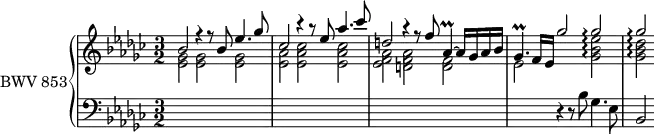 
\version "2.18.2"
\header {
  tagline = ##f
}
Prallaesq     = { \tag #'print { aes,4\prall~ } \tag #'midi { \times 2/3 { bes16 aes bes } aes8~ }  }
Prallgesqp    = { \tag #'print { ges4.\prall } \tag #'midi { \times 2/3 { aes16 ges aes } ges4~ }  }
ArpegeesB     = { \tag #'print { < ges bes ees >2\arpeggio } \tag #'midi { \grace { ges8~ bes~ ees~ } < ges, bes ees >2 } }
ArpegdesB     = { \tag #'print { < ges bes des >2\arpeggio } \tag #'midi { \grace { ges8~ bes~ des~ } < ges  bes des >2 } }
upper = \relative c'
{
    \clef treble 
    \key ees \minor
    \time 3/2
    \tempo 2 = 44
    \set PianoStaff.connectArpeggios = ##t
    \set Staff.midiInstrument = #"harpsichord" 
    << {
      bes'2 r4 r8 bes8 ees4. ges8 ces,2 r4 r8 ees8 aes4. ces8 d,2 r4 r8 f8 \Prallaesq aes16 ges aes bes \Prallgesqp f16 ees ges'2 ges\arpeggio ges\arpeggio
    } \\ {
      \set tieWaitForNote = ##t
      < ges, ees >2 q q < aes ees > < ces aes ees > q < aes f ees > < aes f d > < f d > ees2 s2 \ArpegeesB \ArpegdesB
    } >>
}
lower = \relative c'
{
    \clef bass 
    \key ees \minor
    \time 3/2
    \set Staff.midiInstrument = #"harpsichord" 
    s1.*3 s2 r4 r8 bes8 ges4. ees8 bes2
} 
thePianoStaff = \new PianoStaff <<
    \set PianoStaff.instrumentName = #"BWV 853"
    \new Staff = "upper" \upper
    \new Staff = "lower" \lower
  >>
\score {
  \keepWithTag #'print \thePianoStaff
  \layout {
    \context {
      \Score
      \remove "Metronome_mark_engraver"
      \override SpacingSpanner.common-shortest-duration = #(ly:make-moment 1/2) 
    }
  }
}
\score {
  \keepWithTag #'midi \thePianoStaff
  \midi { }
}
