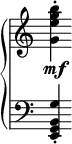 {
\override Score.TimeSignature #'stencil = ##f
{ \new PianoStaff <<
\new Staff { \clef treble <g' e'' g'' b''>-.\mf }
\new Staff { \clef bass <e, g, b, g>-. }
>> } }