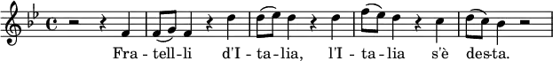 \relative f' {
\clef treble
\time 4/4
\key bes \major
r2 r4 f | (f8 g8) f4 r d' | (d8 ees8) d4 r d | (f8 ees8) d4 r c | (d8 c8) bes4 r2 |
}
\addlyrics {
Fra -- tell -- li
d'I -- ta -- lia,
l'I -- ta -- lia
s'è des -- ta. }