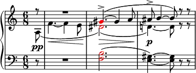 {
\new PianoStaff <<
\new Staff <<
\new Voice \relative c'' {
\clef treble \key a \minor \time 6/8
\voiceOne \partial8 r8 R2. \once \override NoteHead.color = #red gis4.->(~ gis4 a8 ais8-> b4~ b8) r r
}
\new Voice \relative c' {
\voiceTwo \partial8 a\pp\breakDynamicSpan( f'4.~\< f4 e8 \once \override NoteHead.color = #red dis2.)(\> d!4.)~\p d8 r r
}
>>
\new Staff <<
\relative c {
\clef bass \key a \minor \time 6/8
\partial8 r8 R2. \once \override NoteHead.color = #red <f b>2.( <e gis>4.)~ <e gis>8 r r
}
>>
>> }