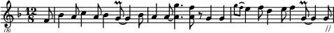 \header{ title = "Radio Mauritania" }

% https://www.intervalsignals.net/sounds/mtn-radio_mauritania_051108.mp3
\relative{
  \set Staff.midiInstrument = "acoustic guitar (nylon)"
  \clef "treble_(8)" \key f \major \time 12/8 \partial 8 f8
  bes4 a8 c4 a8 bes4 g8~\prall 4 bes8 a4 8~ <a g'>4. <a f'>8 r g4 4
  <<
    {\hideNotes \grace{g'4~} 2. \unHideNotes}\\
    {\grace{g8 f} e4 f8 d4 e8}
  >>
  f4 g,8~\prall 4 8_" //"
}
\layout{indent=#0 line-width=#120 \context{\Staff \magnifyStaff 0.8}}
\midi{\tempo 4.=132}
