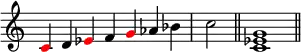 {
\override Score.TimeSignature #'stencil = ##f
\relative c' {
\clef treble
\time 7/4 \once \override NoteHead.color = #red c4 d \once \override NoteHead.color = #red es f \once \override NoteHead.color = #red g aes bes \time 2/4 c2 \bar "||"
\time 4/4 <c, es g>1 \bar "||"
} }