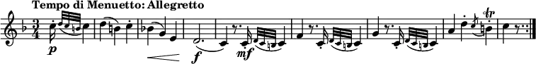 { \relative c'' { \key f \major \time 3/4
\tempo "Tempo di Menuetto: Allegretto"
\tempo 4 = 155
\partial 16 * 5 c16-. \p \appoggiatura { d32 c b } c4 | d4( b) c-. | bes!4( \< g) e |
d2.( \f | c4) r8. c16-. \mf \appoggiatura { d32 c b } c4 |
f4 r8. c16-. \appoggiatura { d32 c b } c4 | g'4 r8. c,16-. \appoggiatura { d32 c b } c4 |
a'4 d-. \acciaccatura c8 b4-. \trill | c4 r8. \bar ":|."}}
\layout { \context {\Score \override SpacingSpanner.common-shortest-duration = #(ly:make-moment 1/4) }}