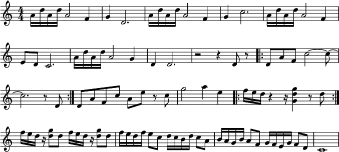 
\header { tagline = ##f }
\paper { paper-width = 190\mm }
\layout { indent = 0 \context { \Score \remove "Bar_number_engraver" } }

global = { \key c \major \numericTimeSignature \time 4/4 }
instrA = \set midiInstrument = "ocarina"
instrB = \set midiInstrument = "fx 7 (echoes)"
instrC = \set midiInstrument = "overdriven guitar"
GBU = \relative c'' { \global
  \instrA a16 d a d a2 \instrB f4 | g d2. | \instrA a'16 d a d a2 \instrB f4 | g c2. |
  \instrA a16 d a d a2 \instrB f4 | e8 d c2. | \instrA a'16 d a d a2 \instrB g4 | d d2. |
  \instrC \transposition c,
  r2 r4 d8 r | \repeat volta 2 { d a' f c'2~c8~ | c2. r8 d, | }
  d a' f c' a e' r c | g'2 a4 e | \repeat volta 2 { f16 e d r4 r16 <g d g,>4 r8 d | }
  f16 e d r <g d>8 d f16 e d r <g d>8 d | f16 e d f e8 c d16 c b d c8 a |
  b16 a g b a8 f g16 f e g f8 d | c1 |% cis
}

\score { \new Staff \GBU \layout { } }
\score { \unfoldRepeats { \GBU }
  \midi {
    \tempo 4=110
    \context { \Score midiChannelMapping = #'instrument }
    \context { \Staff \remove "Staff_performer" }
    \context { \Voice \consists "Staff_performer" }
  }
}
