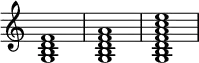 {
\override Score.TimeSignature #'stencil = ##f
\relative c' {
\clef treble
\time 4/4
\key c \major
<g b d f>1
<g b d f a>1
<g b d f a c e>1
} }