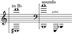 {
\new Staff \with { \omit Score.TimeSignature }
\clef treble \key c \major
\cadenzaOn \omit Stem
s4 ^ \markup "in B♭"
\arpeggioBracket <cis d'''>1 \arpeggio
\once \hide r1
\clef bass
\arpeggioBracket <b,, c''>1 \arpeggio
^ \markup "sounds"
e,,4 \finger \markup \text "pedal" \glissando bes,,4 s
}