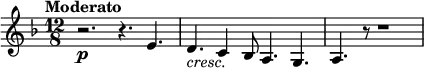 {
\new PianoStaff <<
\new Staff \relative e' {
\set Staff.midiInstrument = #"string ensemble 1" \key d \minor \clef treble \time 12/8 \set Score.tempoHideNote = ##t \tempo "Moderato" 4. = 55
r2. \p r4. e4. | % 2
d4._\markup { \italic cresc. } c4 bes8 a4. g4. | % 3
a4. r8 r1
}
>>
}