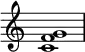 {
\override Score.TimeSignature #'stencil = ##f
\relative c' {
\clef treble
\time 4/4
\textLengthOn
<c f g>1
} }