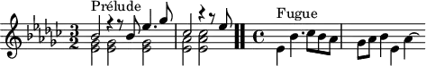 
\version "2.18.2"
\header {
  tagline = ##f
}
\score {
<<
  \relative c' {
    \key ees \minor
    \time 3/2
     %% INCIPIT CBT I-8, BWV 853, D-sharp minor
     << { s4*0^\markup{Prélude} bes'2 r4 r8 bes8 ees4. ges8 ces,2 r4 r8 ees8 } \\ { < ges, ees >2 q q | \once \override Staff.TimeSignature #'stencil = ##f \time 4/4 < aes ees > < ces aes ees > } >> \bar ".."
     \skip 16*1
     \override Staff.Clef.extra-offset = #'( -1 . 0 )
     \time 4/4 
      s4*0^\markup{Fugue} \stemDown ees,4 bes'4. ces8 bes aes | \once \override Staff.TimeSignature #'stencil = ##f \time 5/4 ges aes bes4 ees, aes~ \hideNotes aes16
  }
>>
  \layout {
     \context { \Score \remove "Metronome_mark_engraver" 
     \override SpacingSpanner.common-shortest-duration = #(ly:make-moment 1/2) 
     }
  }
  \midi {}
}
