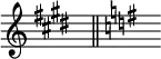 { \omit Score.TimeSignature \key e \major s8^"" \bar "||" \key g \major s^""}