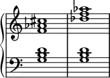 \new PianoStaff <<
\omit Score.TimeSignature
\new Staff { <f' aes' cis''>1 <des'' f'' aes''> }
\new Staff { \clef bass <g b d'>1 <g b d'> }
>>