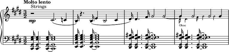 { \new PianoStaff <<
\new Staff \relative c { \key e \major \time 3/2 \clef treble \tempo "Molto lento" \set Staff.midiInstrument = #"strings" r2\mp^"Strings" cis'2.( c4 b16) r4. b16( e4 b2 cis4 dis16) dis4. fis16 gis2 gis2 ~
<<
{
gis4 gis2 gis2 gis4
}
\new CueVoice { \set Staff.midiInstrument = #"oboe"
\stemDown dis16_"Oboe" dis4. fis16 gis2 gis2
}
>>
}
\new Staff \relative c { \key e \major \time 3/2 \clef bass \set Staff.midiInstrument = #"strings" \override Staff.NoteSpacing.stem-spacing-correction = #1.8
\override Staff.StaffSpacing.stem-spacing-correction = #1.8 <gis' e gis, cis,>16 <gis e gis, cis,>4. <gis e gis, cis,>16 ~ <gis e gis, cis,>1 <b gis e b e,>16 <b gis e b e,>4. <b gis e b e,>16 ~ <b gis e b e,>1 <bis gis fis gis, dis>16 <bis gis fis gis, dis>4. <bis gis fis gis, dis>16 ~ <bis gis fis gis, dis>1 <bis gis fis gis, dis>16 <bis gis fis gis, dis>4. <bis gis fis gis, dis>16 ~ <bis gis fis gis, dis>1 } >> }