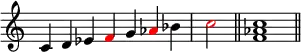 {
\override Score.TimeSignature #'stencil = ##f
\relative c' {
\clef treble
\time 7/4 c4 d es \once \override NoteHead.color = #red f g \once \override NoteHead.color = #red aes bes \time 2/4 \once \override NoteHead.color = #red c2 \bar "||"
\time 4/4 <f, aes c>1 \bar "||"
} }