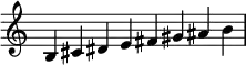 {
\omit Score.TimeSignature \relative c' {
\time 2/1 b cis dis e fis gis ais b} }
