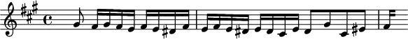 
\version "2.18.2"
\header { tagline = ##f }
\score { \new Staff \with { }
<<
  \relative c'' { \key fis \minor \time 4/4
    \set Staff.midiInstrument = #"harpsichord"
     %% CONTRE-SUJET fugue CBT II-14, BWV 883, fa-dièse mineur
     \partial 2. s8 gis8 fis16 gis fis e fis e dis fis | e fis e dis e dis cis e dis8 gis cis, eis
{ 
 % suppression des warnings :
 #(ly:set-option 'warning-as-error #f)
 #(ly:expect-warning (_ "stem does not fit in beam")) %% <= à traduire éventuellement
 #(ly:expect-warning (_ "beam was started here")) %% <= à traduire éventuellement
  \set stemRightBeamCount = #2
  fis4*1/4[ s]
}
}
>>
  \layout { \context { \Score \remove "Metronome_mark_engraver" } }
  \midi {}
}
