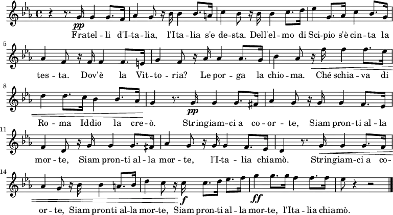 \relative f' {
\clef treble
\time 4/4
\key ees \major
r4 r8. g16\pp g4 g8. f16 |
aes4 g8 r16 bes bes4 bes8. a16 |
c4 bes8 r16 bes bes4 c8. d16 |
ees4 g,8. aes16 c4 bes8. g16 |
aes4 f8 r16 f f4 f8. e16 |
g4 f8 r16 aes aes4 aes8. g16 |
bes4 aes8 r16 \<f' f4 f8. ees16 |
d4 d8. c16 bes4 bes8. aes16 |
g4\! r8. g16\pp g4 g8. fis16 |
aes4 g8 r16 g g4 f8. ees16 |
f4 d8 r16 g g4 g8. fis16 |
aes4 g8 r16 g g4 f8. ees16 |
d4 r8. g16\< g4 g8. f16 |
aes4 g8 r16 bes bes4 a8. bes16 |
d4 c8 r16 c\f c8. d16 ees8. f16 |
g4\ff g8. g16 f4 f8. f16 |
ees8 r4 \! r2 | \bar "|."
}
\addlyrics {
Fra -- tel -- li d'I -- ta -- lia,
l'I -- ta -- lia s'e de -- sta.
Dell' -- el -- mo di Sci -- pio
s'è cin -- ta la tes -- ta.
Dov' -- è la Vit -- to -- ria?
Le por -- ga la chio -- ma.
Ché schia -- va di Ro -- ma
Id -- dio la cre -- ò.
Strin -- giam -- ci_a co -- or -- te,
Siam pron -- ti_al -- la mor -- te,
Siam pron -- ti_al -- la mor -- te,
l'I -- ta -- lia chia -- mò.
Strin -- giam -- ci_a co -- or -- te,
Siam pron -- ti_al -- la mor -- te,
Siam pron -- ti al -- la mor -- te,
l'I -- ta -- lia chia -- mò.}