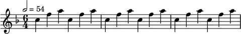 {\clef treble \key f \major \tempo 2=54 \time 6/4 {c'' f'' a'' c'' f'' a'' c'' f'' a'' c'' f'' a'' c'' f'' a''  c'' f'' a'' }}