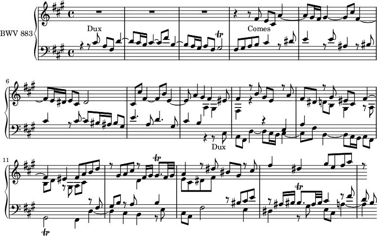 \version "2.18.2"
\header { tagline = ##f }
Trillg = { \tag #'print { gis2\trill }
%% Rendu midi : on joue des petites notes
\tag #'midi { gis16 a gis32 a gis a gis a gis16~ gis16 fis32 gis } }
Trillgis = { \tag #'print { gis8.\trill } \tag #'midi { a32 gis a16~ a } }
Trillbis = { \tag #'print { bis8.\trill } \tag #'midi { cis32 bis cis16~ cis } }
Dux = { r4 r8-\markup{Dux} cis8 a fis d'4~ d8 cis16 b cis4~ cis8 fis b,4~ b8 a16 gis a8 fis \Trillg }
Comes = { r4 r8-\markup{Comes} fis8 e cis a'4~ a8 gis16 fis gis4~ gis8 cis fis,4~ fis8 e16 dis e8 \tag #'print cis \tag #'midi r dis2 }
upper = \relative c' { \clef treble \key fis \minor \time 4/4 \tempo 4 = 84
\set Staff.midiInstrument = #"harpsichord"
%% FUGUE CBT II-14, BWV 883, fa-dièse mineur
R1*3 \Comes
<< { cis8 cis' fis,4_~ fis8 b e,4_~ e8 a4 gis fis eis8 fis4 r8 b8 gis e r8 a | fis dis r8 gis eis cis fis4~ | fis eis fis8 a b d r8 gis, a cis r8 fis,16 gis \Trillgis fis32 gis a4 r8 dis bis gis r8 cis | fis4 dis gis8 e fis a r8 } \\ { s4*6 \relative c' { a4 gis | fis r4 s4*3 d'8 b gis4 r8 a8 b d r8 gis, a cis s4*3 d4 s4 | e8 cis dis fis } } >>
}
lower = \relative c' { \clef bass \key fis \minor \time 4/4
\set Staff.midiInstrument = #"harpsichord"
<< { \Dux fis8 gis a b cis4 r8 dis8 e4 r8 e8 ais,4 r8 bis8 cis4 r8 cis8~ cis bis16 ais bis8 gis | e'4. a,8 d4. gis,8 | cis4 b s4*4 r4 e,4 a s4*6 r8 fis8 gis b r8 a8 s4 b4 s4*2 r8 bis8 cis e | r8 ais,16 bis \Trillbis ais32 bis cis4 r8 fis d b } \\ { s1*7 s2 \relative c { \Dux fis4 d'~ | d cis b r8 e8 | cis a fis'2 e4 | dis r8 gis8 e cis a'4~ a } } >>
}
thePianoStaff = \new PianoStaff <<
\set PianoStaff.instrumentName = #"BWV 883"
\new Staff = "upper" \upper
\new Staff = "lower" \lower
>>
\score {
\keepWithTag #'print \thePianoStaff
\layout { \context { \Score \remove "Metronome_mark_engraver"
\override SpacingSpanner.common-shortest-duration = #(ly:make-moment 1/2)
}
}
}
\score { \keepWithTag #'midi \thePianoStaff
\midi { }
}