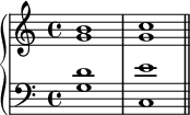 \new PianoStaff <<
\new Staff <<
\new Voice \relative c'' {
\stemUp \clef treble \key c \major \time 4/4
b1 c
}
\new Voice \relative c'' {
\stemDown
g1 g
}
>>
\new Staff <<
\new Voice \relative c' {
\stemUp \clef bass \key c \major \time 4/4
d1 e
}
\new Voice \relative c' {
\stemDown
g1 c, \bar "||"
}
>>
>>
