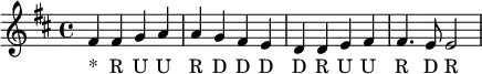 \relative c' { \key d \major
\set Staff.midiInstrument = #"cello"
fis4 fis g a a g fis e d d e fis fis4. e8 e2 }
\addlyrics { "*" R U U R D D D D R U U R D R }
