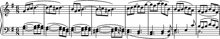 \relative c'' {
\new PianoStaff <<
\new Staff {
\key g \major \time 6/8 \set Score.tempoHideNote = ##t \tempo %{ "Quasi allegretto." %} 4=99
g8( b c d4.~ d8 e cis d4.) b8( g a b4.~ b8 c! ais b4.)
c8( d e~ e d g~ g fis a~ a g b,) b( a b d c a) g( fis g b a fis)
}
\new Staff { \key g \major \time 6/8 \clef bass
<b, g>4.( ~ q8 <c a> <b g>) <a fis>4.( ~ q8 <g e> <fis d>)
<g e>4.( ~ q8 <a fis> <g e>) <fis dis>4.( ~ q8 <g e> <f d>)
<e c>4._( <d b> <c a> <d b>4 <d g,>8)
<< { e4. e4 c'8 b( a b d c a) } \\ { c,2. d } >>
}
>>
}