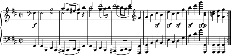 \relative c {
\new PianoStaff <<
\new Staff {
\key b \minor \time 2/2 \set Score.tempoHideNote = ##t \tempo %{ "Presto." %} 4=250 \partial 4.
s8 \clef bass fis4 fis2 <b fis>
<< { cis4( b8 ais b4) d d2 fis fis fis4 }
\\ { fis,2 fis4 d\rest b'2 b4( cis8 d) e4( d8 cis d4) } >> \clef treble fis4
g b d b e cis d g b d g <d, b> <e c> <fis a,> <g g,> \bar ":|."
}
\new Dynamics {
s8 s4\f s1 s s s s2 s\sf s\sf s\sf s\sf s4\sf s\p
}
\new Staff { \key b \minor \time 2/2 \clef bass
s8 fis,,,4 fis b, d b ais( b8 cis b4) fis' fis b, d b ais( b8 cis b4) <fis' fis,>
<g g,> b d b e cis d g b d g <g,, g,> <g g,> q q
}
>>
}