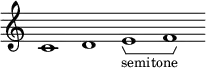 \new Staff \with { \consists Horizontal_bracket_engraver \remove "Time_signature_engraver" \remove "Bar_engraver" }
\relative c' {
c1 d e -\tweak HorizontalBracketText.text "semitone" \startGroup f\stopGroup}