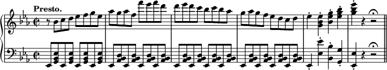 \relative c'' {
\new PianoStaff <<
\new Staff {
\key es \major \time 2/2 \set Score.tempoHideNote = ##t \tempo "Presto." 4=250
r8 bes c d es f g es aes g aes f f' es f d
d es d c bes c bes aes g aes g f es d c d
es4-. <es bes g>-. <g es bes>-. <bes g es>-. <es bes g>-. r r2\fermata
}
\new Staff { \key es \major \time 2/2 \clef bass
es,,,,8 <es' bes g> es, <es' bes g> es, <es' bes g> es, <es' bes g>
es, <d' bes aes> es, <d' bes aes> es, <d' bes aes> es, <d' bes aes>
es, <d' bes aes> es, <d' bes aes> es, <d' bes aes> es, <d' bes aes>
es, <d' bes aes> es, <d' bes aes> es, <d' bes aes> es, <d' bes aes>
es,4-. <es'' es,>-. <bes bes,>-. <g g,>-. <es es,>-. r r2\fermata \bar "||"
}
>>
}