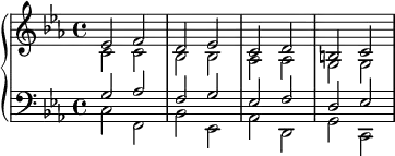{
\new PianoStaff <<
\new Staff <<
\new Voice \relative c' {
\key c \minor
\stemUp es2 f d es c d b c
}
\new Voice \relative c' {
\stemDown c2 c bes bes aes aes g g
}
>>
\new Staff <<
\new Voice \relative c' {
\clef F
\key c \minor
\stemUp g2 aes f g es f d es
}
\new Voice \relative c {
\stemDown c f, bes es, aes d, g c,
}
>>
>> }