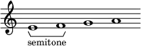\new Staff \with { \consists Horizontal_bracket_engraver \remove "Time_signature_engraver" \remove "Bar_engraver" }
\relative c' {
e1 -\tweak HorizontalBracketText.text "semitone" \startGroup f\stopGroup g a}