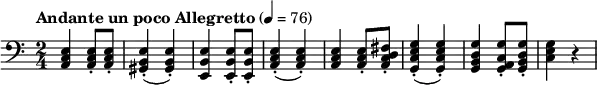 \new Score {
\new Staff {
\relative c {
\set Staff.midiInstrument = #"cello"
\time 2/4
\key a \minor
\clef bass
\tempo "Andante un poco Allegretto" 4 = 76
<a c e>4 q8-. q-.
<gis b e>4-.(q-.)
<e b' e> q8-. q-.
<a c e>4-.(q-.)
<a c e>4 q8-. <a c d fis>-.
<g c e g>4-.(q-.)
<g b d g>4 <g a c g'>8-. <g b d g>-.
<c e g>4 r4
}
}
}