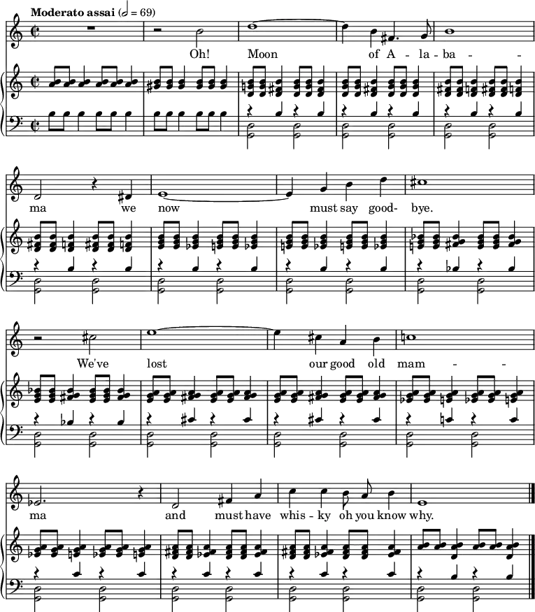 % From https://www.el-atril.com/partituras/Weill,%20Kurt/Canciones/Alabama%20song.pdf
\header { tagline = ##f }
\layout { indent = 0
\context { \Score \remove "Bar_number_engraver" }
\context { \Voice \remove "Dynamic_engraver" }
}
global = { \key c \major \time 2/2 \tempo "Moderato assai" 2=69 }
sopranoVoice = \relative c'' { \global \autoBeamOff \set Staff.midiInstrument = "alto sax"
R1 | r2 b | d1~ | d4 b fis4. g8 | b1 d,2 r4
dis4 | e1~ | e4 g b d | cis1 | r2
cis | e1~ |e4 cis a b | c!1 | es,2. r4 |
d2 fis4 a | c c b8 a b4 | e,1 \bar "|."
}
verse = \lyricmode {
Oh! Moon of A -- la -- ba -- ma
we now must say good- bye.
We've lost our good old mam -- ma
and must have whis -- ky oh you know why.
}
right = \relative c'' { \global \set Staff.midiInstrument = "acoustic grand"
<b a>8\ppp q q4 q8 q q4 | <b gis>8 q q4
q8 q q4 | <b g! d>8 q <b fis d>4 <b g d>8 q <b fis d>4 | <b g d>8 q <b fis d>4 <b g d>8 q q4 |
<b fis d>8 q <b f d>4 <b fis d>8 q <b f d>4 | <b fis d>8 q <b f d>4 <b fis d>8 q <b f d>4 |
<b g e>8 q <b g es>4 <b g e>8 q <b g es>4 | <b g e!>8 q <b g es>4 <b g e>8 q <b g es>4 |
<bes g e!>8 q <bes g fis>4 <bes g e>8 q <bes g fis>4 | <bes g e>8 q <bes g fis>4
<bes g e>8 q <bes g fis>4 | <a g e>8 q <a g fis>4 <a g e>8 q <a g fis>4 |
<a g e>8 q <a g fis>4 <a g e>8 q <a g fis>4 | <a g es>8 q <a g e>4 <a g es>8 q <a g e>4 |
<a g es>8 q <a g e>4 <a g es>8 q <a g e>4 | <a fis d>8 q <a fis es>4 <a fis d>8 q <a fis es>4 |
<a fis d>8 q <a fis es>4 <a fis d>8 q <a fis es>4 | <b a>8 q <b a d,>4 <b a>8 q <b a d,>4 \bar "|."
}
leftOne = \relative c' { \global
s1 | s1 | \repeat unfold 6 { r4 b r b | } \repeat unfold 2 { r bes r bes | }
\repeat unfold 2 { r cis r cis | } r c! r c | \repeat unfold 3 { r c r c | } r b r b \bar "|."
}
leftTwo = \relative c' { \global
\repeat unfold 2 { b8 8 4 8 8 4 | } s4*0\pp \repeat unfold 15 { <d, g,>2 q | } \bar "|."
}
\score {
<<
\new Staff \sopranoVoice \addlyrics \verse
\new PianoStaff
<<
\new Staff = "right" \right
\new Staff = "left" { \clef bass << \leftOne \\ \leftTwo >> }
>>
>>
\layout { }
\midi { }
}