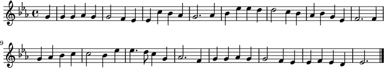 \new Staff <<
\set Staff.midiInstrument = "flute"
\time 4/4
\key es \major
\partial 4
\relative c'' {
g4 | g g as g | g2 f4 es | es c' bes as | g2.
as4 | bes es es d | d2 c4 bes | as bes g es | f2.
f4 | g as bes c | c2 bes4 es | es4. d8 c4 g | as2.
f4 | g g as g | g2 f4 es | es f es d | es2. \bar "|."
}
>>
\layout { indent = #0 }
\midi { \tempo 4 = 90 }