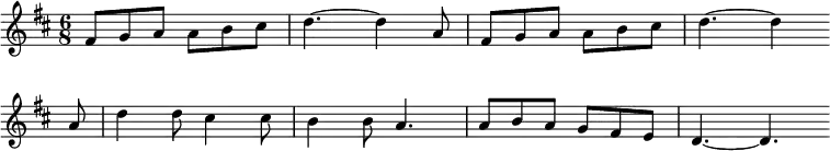 \new Staff <<
\clef treble \key d \major {
\time 6/8 \partial 2.
\relative fis' {
fis8 g a a b cis | d4.~ d4 a8 | fis8 g a a b cis | d4.~ d4 \bar"" \break
a8 | d4 d8 cis4 cis8 | b4 b8 a4. | a8 b a g fis e | d4.~ d4. \bar"" \break
}
}
%\new Lyrics \lyricmode {Hickory Dickory Dock, The bird looked at the clock, The clock struck tow, she ran away, Hickory Dickory Dock}
%}
>>
\layout { indent = #0 }
\midi { \tempo 4. = 63 }