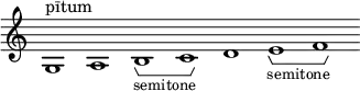 \new Staff \with { \consists Horizontal_bracket_engraver \remove "Time_signature_engraver" \remove "Bar_engraver" } \relative c' {
g1^"pītum" a b -\tweak HorizontalBracketText.text "semitone" \startGroup c\stopGroup d e-\tweak HorizontalBracketText.text "semitone"\startGroup f\stopGroup }