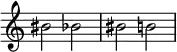 { \omit Score.TimeSignature \key c \major \time 4/4 bis'2 bes' bis' b'}