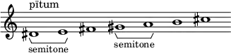 \new Staff \with { \consists Horizontal_bracket_engraver \remove "Time_signature_engraver" \remove "Bar_engraver" }
\relative c' {
dis1^"pītum" -\tweak HorizontalBracketText.text "semitone" \startGroup e\stopGroup fis gis -\tweak HorizontalBracketText.text "semitone"\startGroup a\stopGroup b cis }