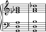 \new PianoStaff <<
\new Staff = "treble" {
\relative c' {
\clef treble \omit Staff.TimeSignature
\override Stem.transparent = ##t
<ees ges b>1
<f a des>1
}
}
\new Staff = "bass" {
\relative c {
\clef bass \omit Staff.TimeSignature
\override Stem.transparent = ##t
<g d' a'>1
<g d' b'>1
}
}
>>