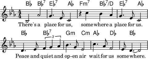 
\header { tagline = ##f }
\paper { paper-width = 130\mm left-margin = 5 right-margin = 5 }
\layout { indent = 0 \context { \Score \remove "Bar_number_engraver" } }

global = { \key es \major \numericTimeSignature \time 4/4 }

chordNames = \chordmode { \global \set chordChanges = ##t \set midiInstrument = "string ensemble 1"
  bes2\ppp bes:7 | es:7 as|
  f:m7 bes:7/d | es:7 as |
  bes bes:7 | g:m c:m |
  as des | s8 bes4.\pppp ~ bes2 |
}

sopranoVoice = \relative c' { \global
  bes2 as' | g4. es8 c2 |
  r4 c'4 bes as | g4. es8 c2 |
  d4. es8 \tuplet 3/2 { f4 g as } | bes4. g8 es2 |
  c'4. as8 f2 | es8 d4.~ d2 |
}

verse = \lyricmode {
  There's a place for us,
  some -- where a place for us.
  Peace and qui -- et and op -- en air
  wait for us some -- where.
}

\score {
  <<
    \new ChordNames \chordNames
    \new Staff \with { midiInstrument = "flute" }
      \sopranoVoice
      \addlyrics { \verse }
  >>
  \layout { }
  \midi { \tempo 4=84 }
}
