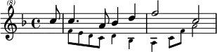 \header{ title = "Radio Olsztyn" }

% https://www.intervalsignals.net/sounds/pol-z-pr_olsztyn_rvd_1975.mp3
\relative<<{
  \clef "treble^(8)" \key f \major \partial 8 c'''8 4. a8 bes4 d f2 c2
}\\ \magnifyMusic 0.7{
  \set midiMaximumVolume = #0.7 s8 f, e d c d4 bes a4 c8 f a2
}>>
\midi{\tempo 4=88 \set Staff.midiInstrument = "electric piano 1"}
