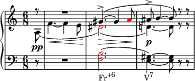 
    {
      \new PianoStaff <<
        \new Staff <<
            \new Voice \relative c'' {
                \clef treble \key a \minor \time 6/8
                \voiceOne \partial8 r8 R2. gis4.->(~ gis4 \once \override NoteHead.color = #red a8 ais8-> b4~ b8) r r
                }
            \new Voice \relative c' {
                \voiceTwo \partial8 a\pp\breakDynamicSpan( f'4.~\< f4 e8 \once \override NoteHead.color = #red dis2.)(\> d!4.)~\p d8 r r
                }
            >>
        \new Staff <<
            \relative c {
                \clef bass \key a \minor \time 6/8
                \partial8 r8 R2. \once \override NoteHead.color = #red <f b>2.(_\markup { \concat { "Fr" \raise #1 \small "+6" \hspace #8 "V" \raise #1 \small "7" } } <e gis>4.)~ <e gis>8 r r
                }
            >>
    >> }
