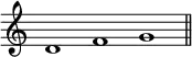 \relative c' {
\cadenzaOn \omit Staff.TimeSignature
\tempo 1 = 90 \set Score.tempoHideNote = ##t
d1 f g \bar "||"
}