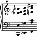 \new PianoStaff <<
\new Staff = "treble" {
\relative c' {
\clef treble \omit Staff.TimeSignature
\override Stem.transparent = ##t
<des ees aes>
<c f b>
<e b' dis>
}
}
\new Staff = "bass" {
\relative c, {
\clef bass \omit Staff.TimeSignature
\override Stem.transparent = ##t
<c e'>
<ees ges'>
<f a' \parenthesize c>
}
}
>>