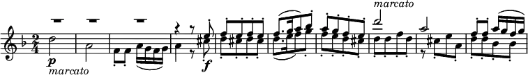 {{ \key d \minor \time 2/4
<<
  \relative a''{
    \voiceOne \override MultiMeasureRest.staff-position = #8 R2 * 3 | r4 a8\rest e8-. |
    f8-.[ e-. f-. e-.] | f8.[ ( g16 a8) bes-.] | a8-.[ g-. f-. e-.] |
    d'2 ^\markup { \italic "marcato" } | a | f8-. f-. a16( g f g)
  }
  \new Voice \relative d '' {
    \voiceTwo
    d2 \p _\markup { \italic "marcato" } | a2 | f8-. f-. a16( g f g) | a4 r8 cis8-. \f |
    d8-. [ cis-. d-. cis-.] | d8.([ e16 f8 ) g-.] | f8-.[ e-. d-. cis-.] |
    d8-.[ d-. f-. d-.] | r8 cis-.[ e a,-.] | d8-.[ d-. bes-. bes-.]
  }
>> }}