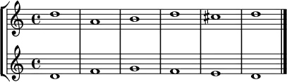\relative c'' {
  <<
  \new StaffGroup <<
    \new Staff { \set Score.tempoHideNote = ##t \tempo 4 = 160 \clef "treble" d1 a b d cis d \bar "|." }
    \new Staff { \clef "treble" d,1 f g f e d }
    >>
  >>
}