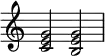 {
\override Score.TimeSignature #'stencil = ##f
\relative c' {
\clef treble \time 4/4
<c e g>2 <b e g>
} }